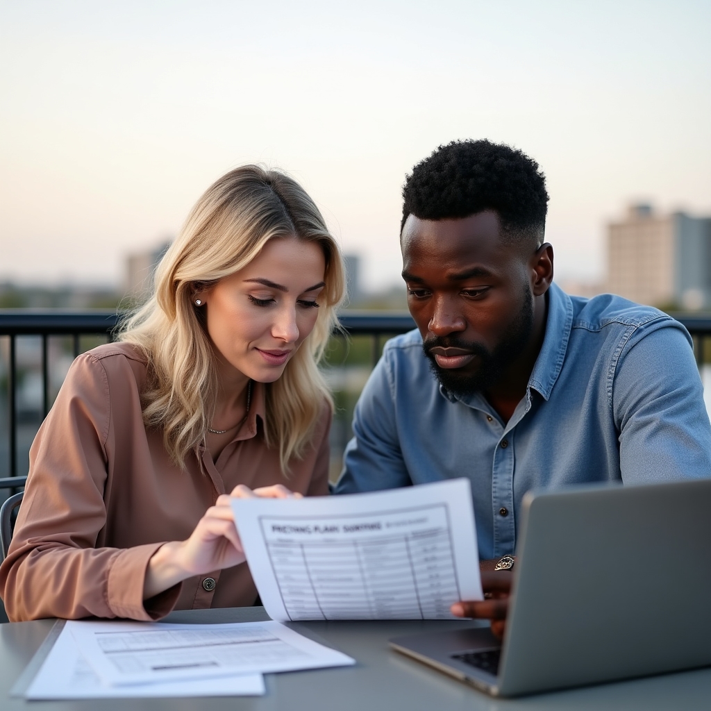 Two professionals reviewing a pricing plan document together at an outdoor table
